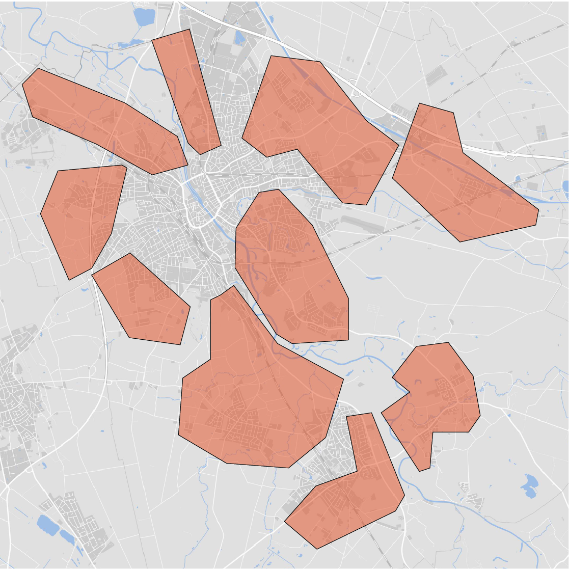 Karte der Stadt Rheine und Umgebung, auf der bestimmte Gebiete in Rot markiert sind. Diese hervorgehobenen Flächen zeigen möglicherweise geplante Ausbaugebiete oder Versorgungszonen für ein Projekt, wie z. B. Glasfasernetzwerke. Die Karte umfasst Straßennetzwerke, Flüsse und Nachbargemeinden sowie landwirtschaftliche und städtische Gebiete. Die roten Bereiche sind ungleichmäßig über das Stadtgebiet und die umliegenden Regionen verteilt.
